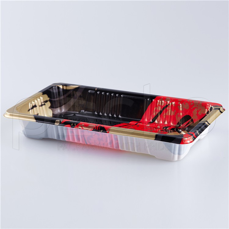 ถาดซูชิพรีเมียมฝาใส ขนาด 3-4 คำ ลายเมเปิ้ลสีทอง