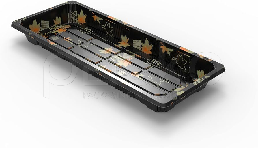 ถาดซูชิพรีเมียมฝาใส ขนาด 6-7 คำ ลายเมเปิ้ลสีทอง