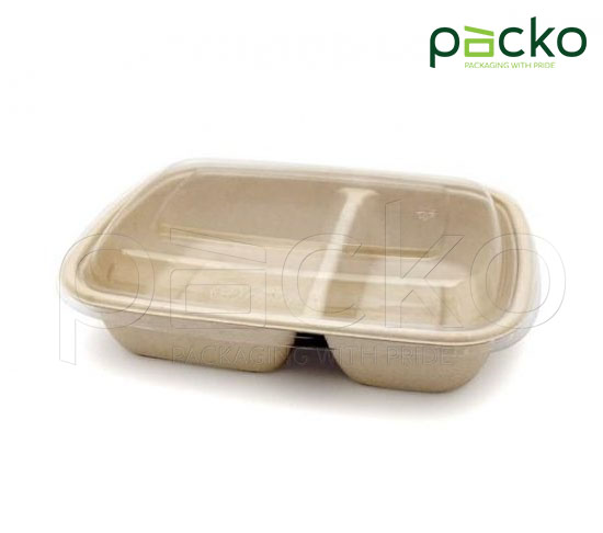 กล่องอาหารชานอ้อย รักษ์โลก ย่อยสลายได้ 100%  2 ช่อง ขนาด 900 ml. (ไม่รวมฝาปิด)