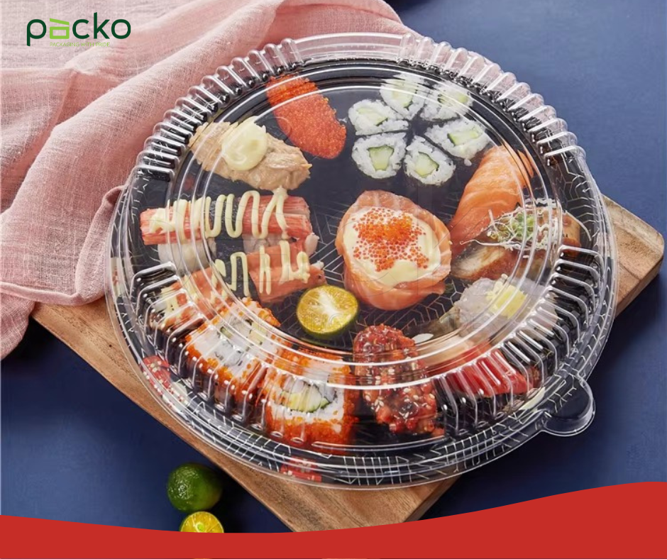 ถาดกลมซูชิพรีเมียมฝาใส ลาย แดง-ทอง 