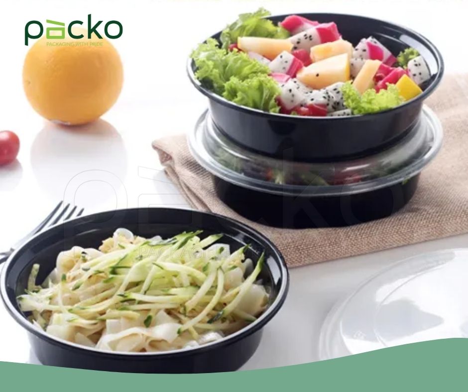 กล่องอาหารทรงกลม Premium พร้อมฝา 700 ml. สีดำ ( ฝานูน ) 