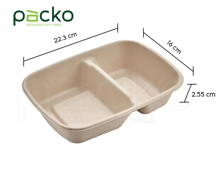 กล่องอาหารชานอ้อย รักษ์โลก ย่อยสลายได้ 100%  2 ช่อง ขนาด 900 ml. (ไม่รวมฝาปิด)