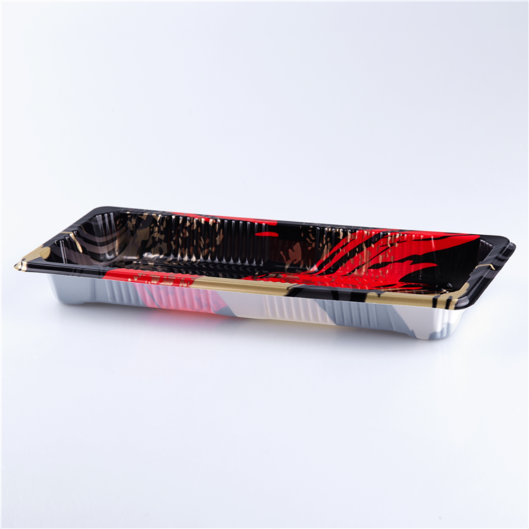 ถาดซูชิพรีเมียมฝาใส ขนาด 6-7 คำ ลายแดงทอง