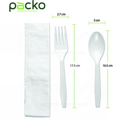 [PACKO-CUTLERY01] ชุดช้อน-ส้อมพลาสติกสีดำพร้อมทิชชู่ ตรา PACKO 